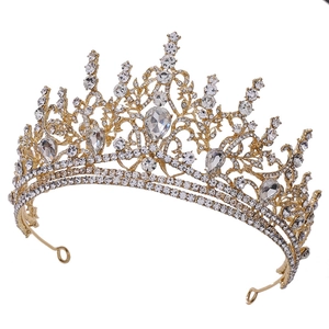 Baroque gold bridal crown with sparkling rhinestones and teardrop gems for weddings