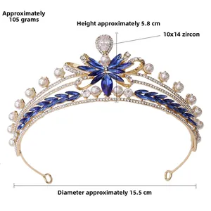 Detail view of bridal crown with blue zircon and pearls showing 5.8cm height and 105g weight