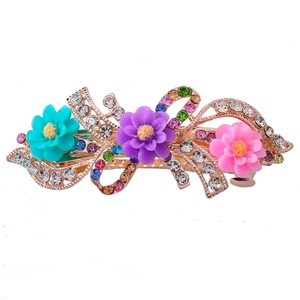 Eleganter Blumen-Haarclip mit bunten Harzblüten und Kristallen auf goldener Legierung