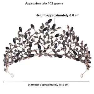 Detailed dimensions of Baroque vintage leaf crown with black crystals: 6.8cm height, 15.5cm wide