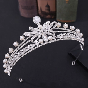 Elegant bridal crown with cubic zirconia, white pearls and silver alloy bow design