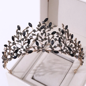 Baroque vintage bridal crown with antique gold leaves and black teardrop crystals