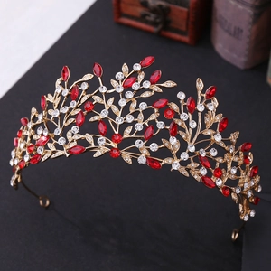 Exquisite bridal leaf crown with red marquise rhinestones and gold alloy frame