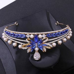 Exquisite bridal crown with blue marquise zircons and white pearls on gold alloy base