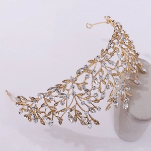 Elegant gold bridal tiara with vine leaf design and sparkling crystals for weddings