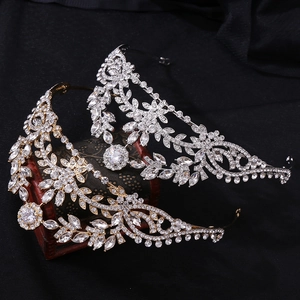 Luxury bridal crowns in gold and silver finish with leaf-shaped crystals and zircons