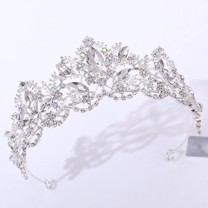 Detailed close-up showing the intricate silver crystal tiara and sparkling rhinestone craftsmanship