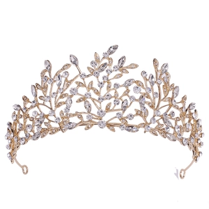 Detailed view of the gold leaf bridal tiara with sparkling rhinestones and crystals