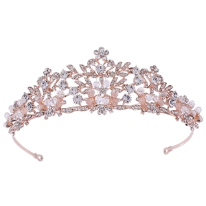 Rose gold bridal tiara with leaf motifs, rhinestones and crystal beads on white background