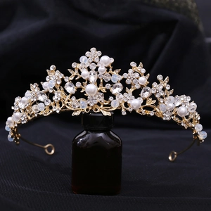 Luxury Bridal Flower Branch Tiara Crown With Rhinestones And Artificial Pearls Gold Silver Wedding Hair Accessories For Women