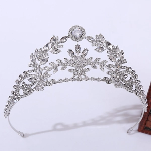 Close-up of bridal leaf crown with silver alloy and sparkling zircon rhinestones