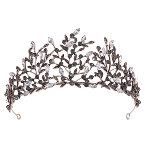 Baroque vintage bridal crown featuring bronze leaf design and dark grey crystals