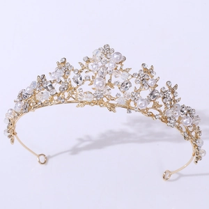 Elegant bridal crown with gold metal floral design, white pearls and sparkling crystals