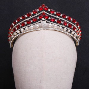 Détails de la couronne de mariée baroque avec strass rouges et perles sur alliage argenté