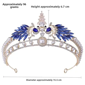 Detailed view of peacock bridal crown dimensions including 15.5cm diameter and 6.7cm height