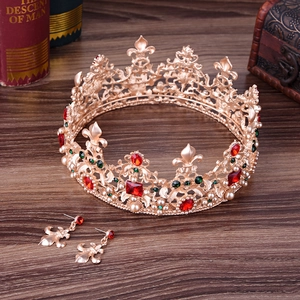 Baroque gold wedding crown and earring set with red emerald crystals and pearls