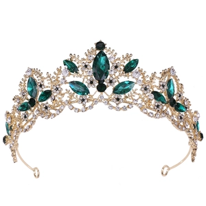 Baroque gold crown with deep green gemstones and crystals for bridal wedding events
