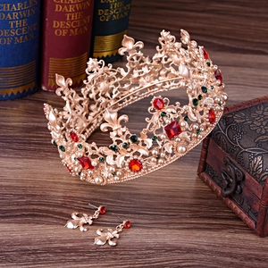 Baroque Royal Crown Earring Set Alloy Red Crystal Artificial Pearl Vintage Wedding Tiara Accessories For Women Bridal Jewelry