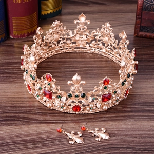 Baroque luxury bridal jewelry set with red rhinestones and pearls on vintage crown and earrings