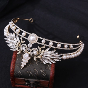 Luxury European gold bridal crown with white pearls and sparkling peacock zircon crystals