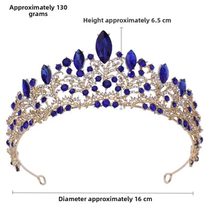 Detail of rose gold bridal crown with blue marquise crystals and elegant vine patterns
