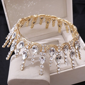 Couronne de mariée luxueuse en or avec cristaux en forme de poire pour mariage