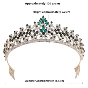 Detailed view of Baroque gold alloy crown with green rhinestones and hair comb measurements