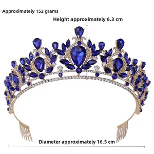 Couronne baroque de luxe avec cristaux bleus, 16,5cm de diamètre et 6,3cm de haut