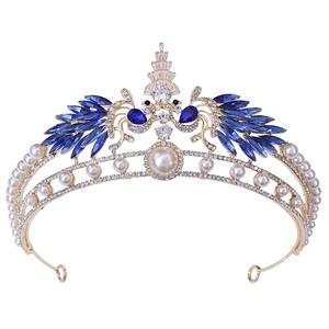 Golden bridal crown with blue crystal peacock feathers, pearls and clear rhinestones