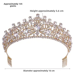 Detail view of gold bridal tiara showing 135g weight, 5.6cm height and side comb clips