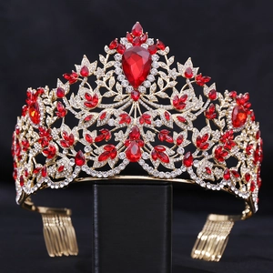 Baroque gold crown with red crystals and rhinestones for brides and pageant winners
