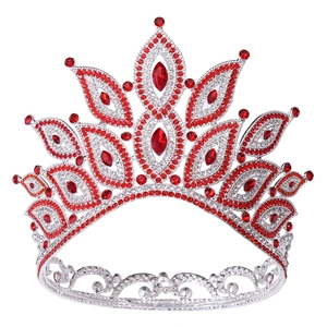 Baroque European bridal crown with red and white rhinestones on silver metal base