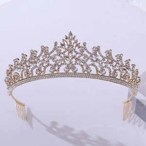 Golden Baroque bridal crown with shimmering crystals and elegant hair comb fixings