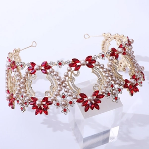 Baroque gold crown with red crystals and pearls for bridal wedding and stage performance