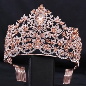 Baroque crystal bridal crown with champagne teardrop stones and rose gold floral details