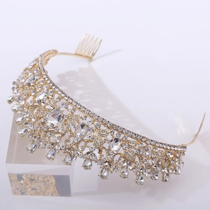 Baroque gold leaf bridal crown with sparkling green crystals and integrated hair comb