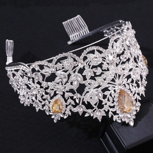 Elegant Baroque crown with silver alloy finish and pear-cut amber crystals for brides