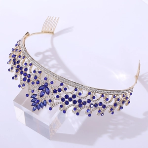 Golden Baroque bridal tiara with dark blue gemstones and white rhinestones for weddings