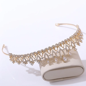 Elegant gold bridal crown with floral zircon patterns and hanging crystal teardrops