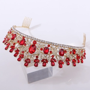 Vintage gold bridal crown with red crystals and side combs for wedding hair styling