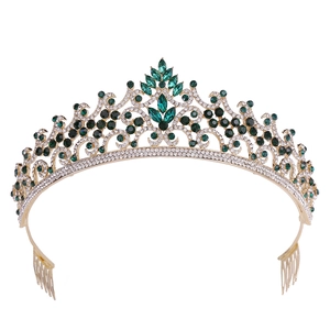 Baroque bridal tiara with emerald green rhinestones and golden alloy frame for weddings