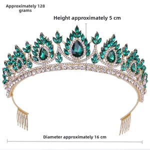 Detailed view of Baroque bridal tiara with emerald crystals and white rhinestones