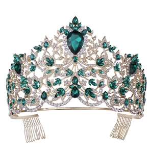 Baroque gold crown with emerald green crystals and sparkling rhinestones for brides