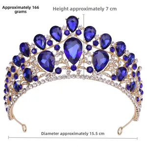Detailed size specifications of Baroque gold crown with blue crystal and white rhinestones