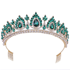 Baroque bridal crown hair comb with green crystals and rhinestones in gold plating