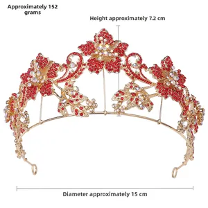Floral bridal crown with red rhinestones measuring 15cm in diameter and 7.2cm in height