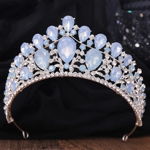 Detail of luxury bridal tiara with light blue teardrop gems and silver rhinestone frame