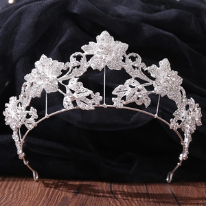 Detail of bridal floral headband with silver alloy leaves and shimmering rhinestones