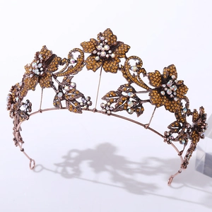 Vintage floral bridal tiara with bronze metal vines and amber rhinestone embellishments