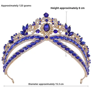 Detailed view of luxury bridal tiara with blue rhinestones, 8cm height and 15.5cm diameter